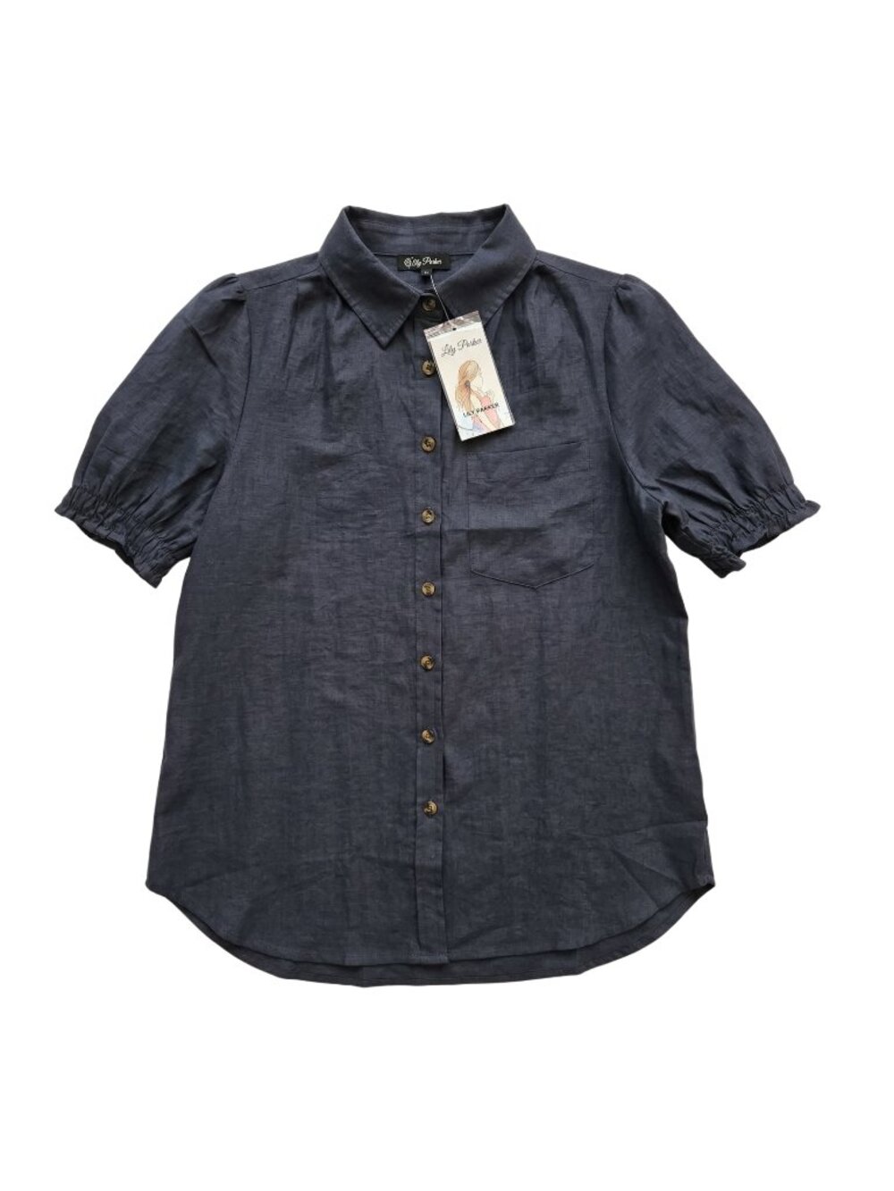 NWT | PrettyGarden Indigo Short Sleeve Button Down Blouse Smocked Cuff | Small